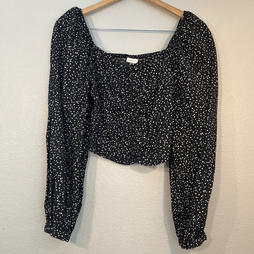 A New Day Womens Small Black Polka Dot Puff Long Sleeve Cropped Elastic Trim